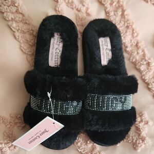 Juicy Couture Black Furry Rhinestone Slides